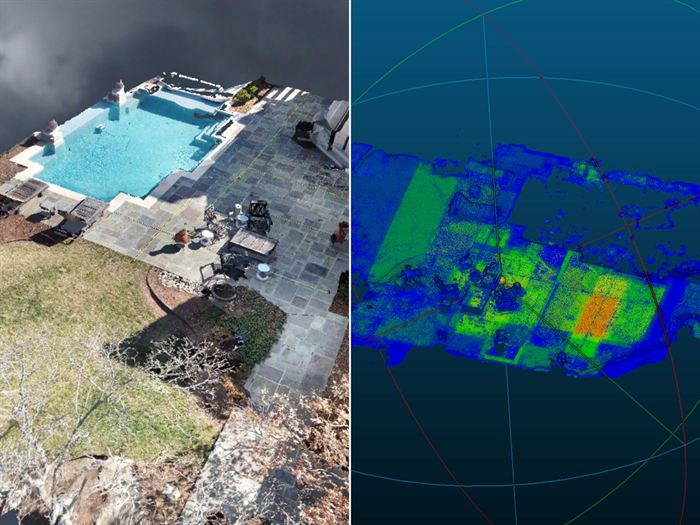 Geteiltes Bild: links das texturierte 3D-Modell eines Gartens mit Pool, rechts die zugehörige Punktwolke, nach Höhe eingefärbt